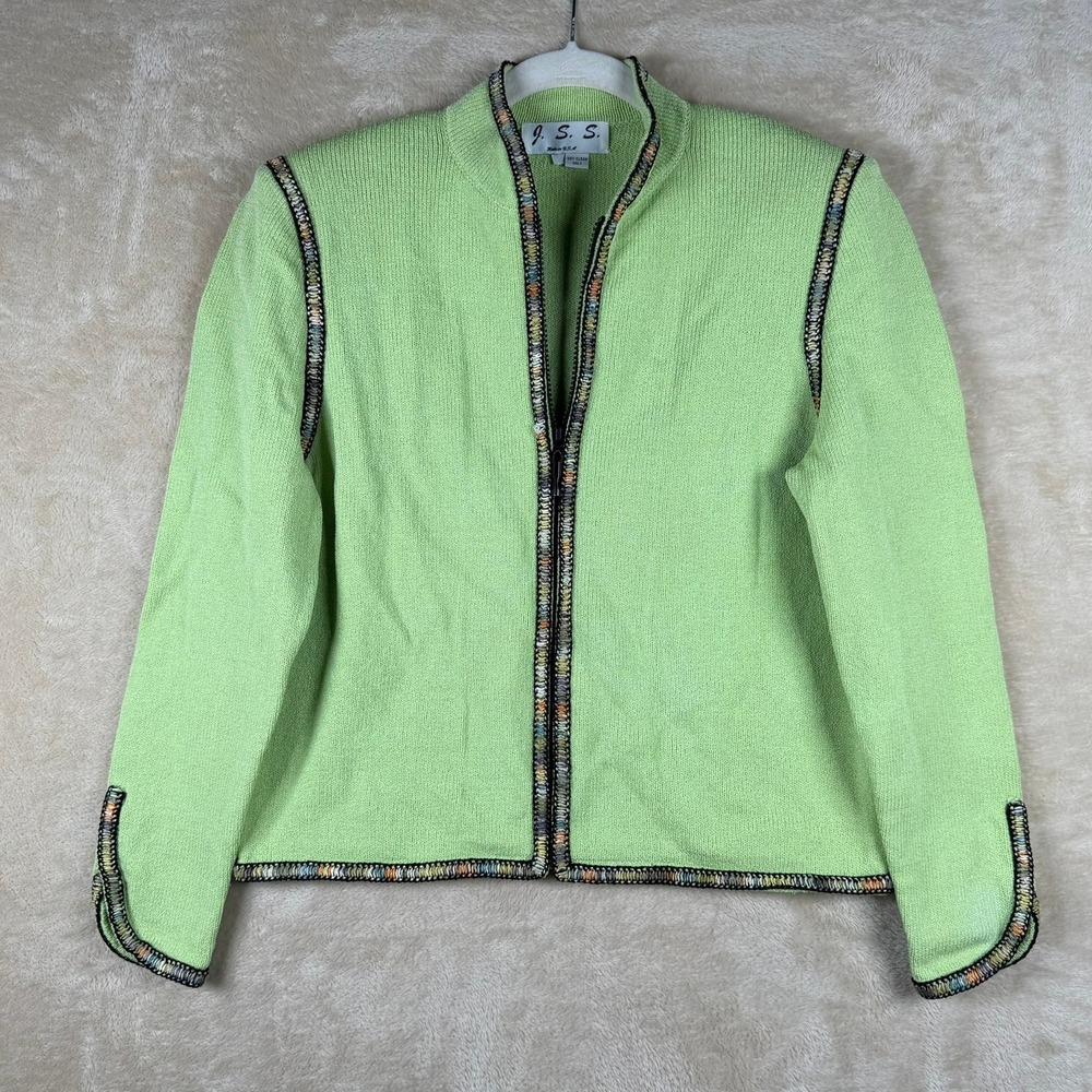 J.S.S. Vintage‎ S Wool Blend Zip Up Cardigan Sweater Embroidered Trim Lime Green